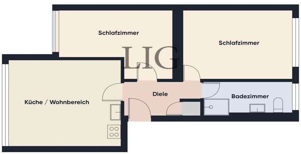 Een plattegrond met een keuken, twee slaapkamers, een badkamer en een eethoek.