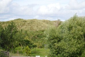 A natural landscape with a grassy hill, trees, and a fence. - New building with dune views (Juist)