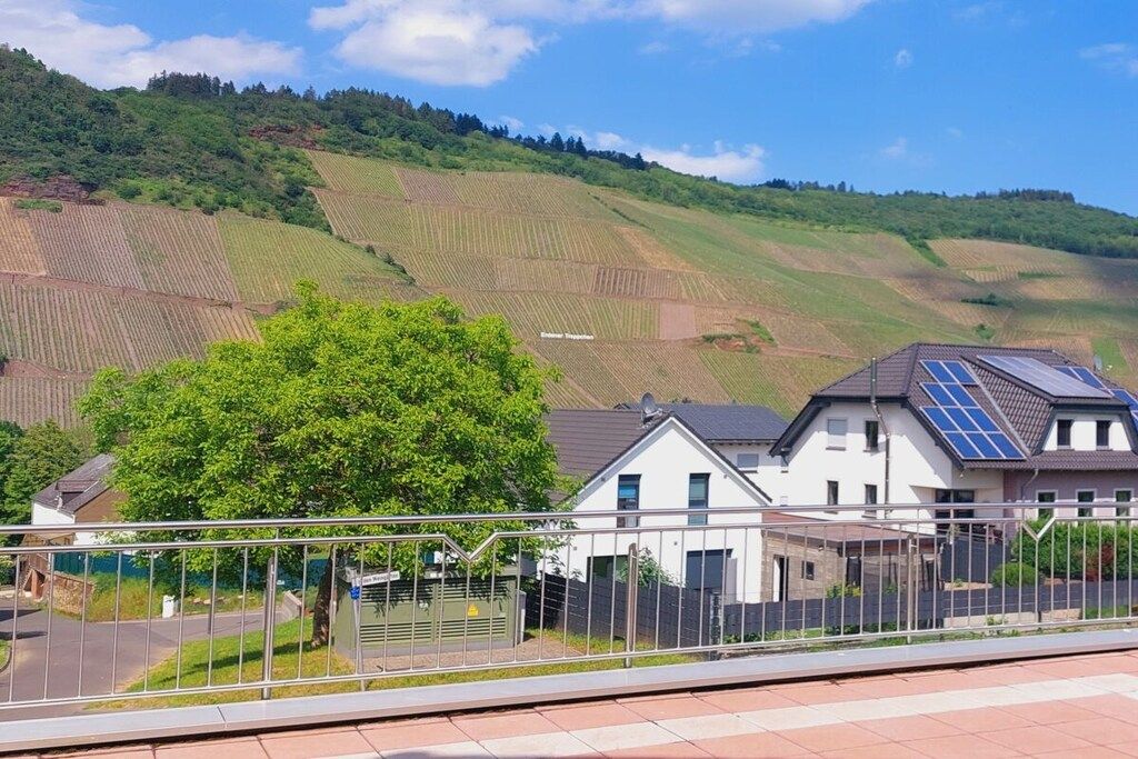 A residential area with houses, solar panels, and terraced fields.