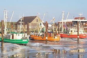 Ein Hafen mit mehreren vertäuten Fischerbooten, Holzbauten und einem klaren Himmel.