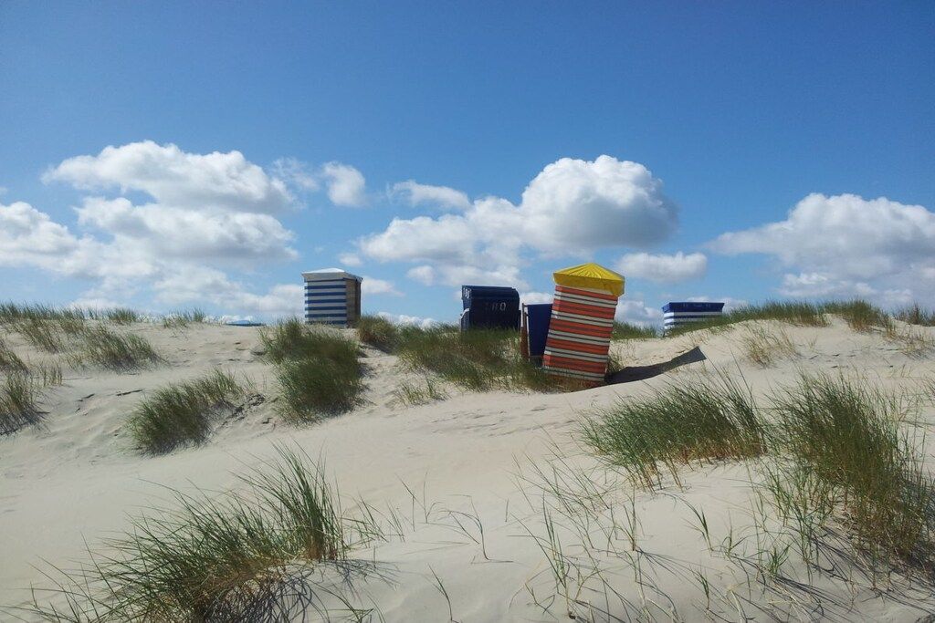 Ein sandiger Strand mit Dünen und einem klaren Himmel.