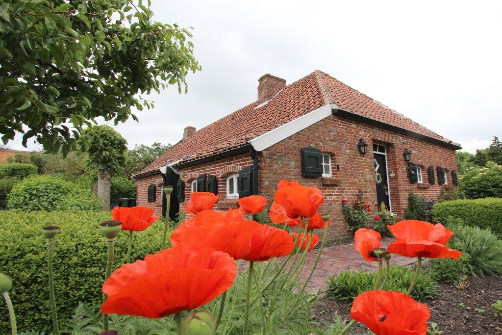 Une maison en briques avec un toit en tuiles, entourée d’un jardin où poussent des coquelicots rouges.