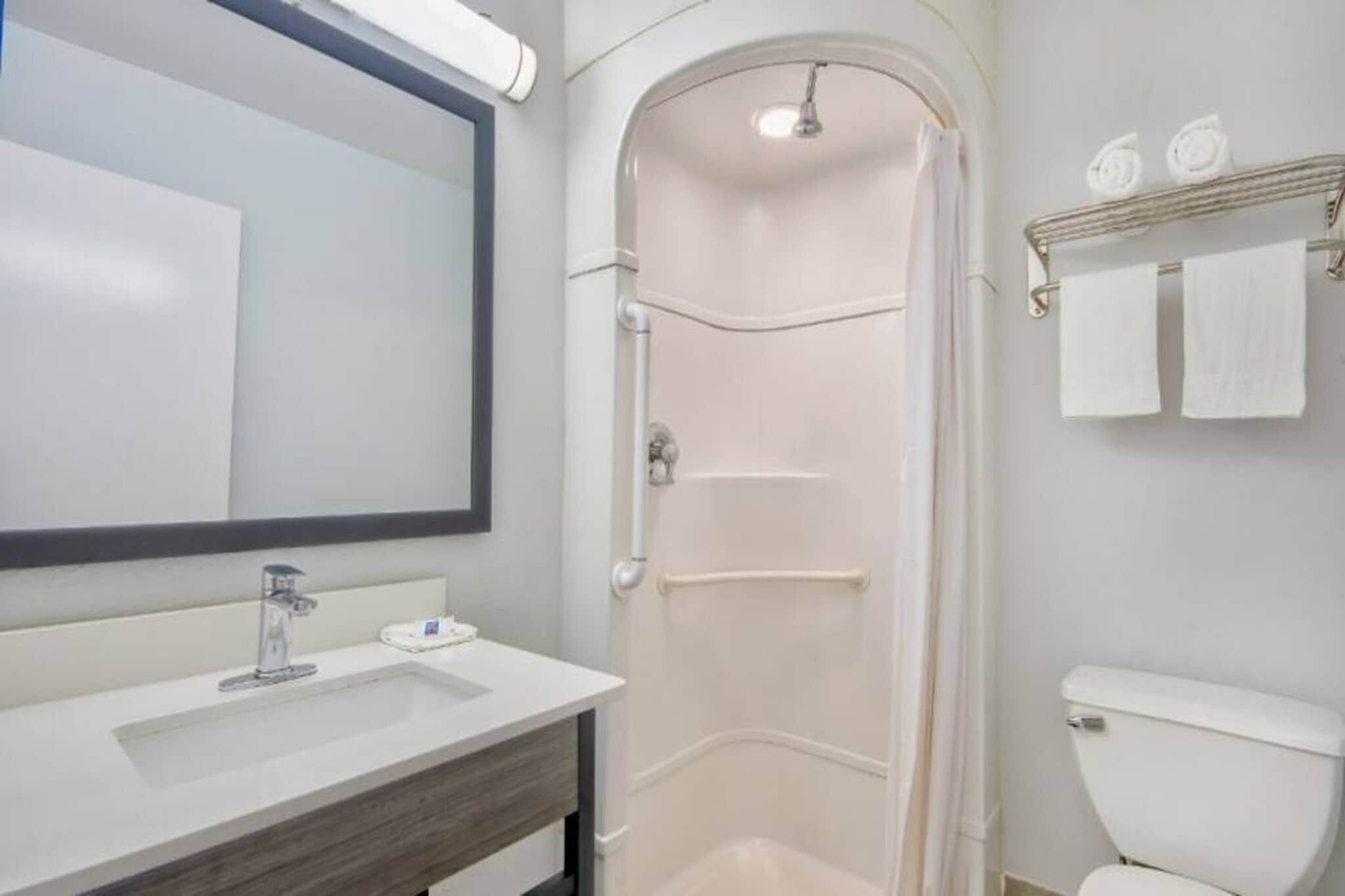 Een badkamer met douche, toilet, wastafel en een handdoekhouder.