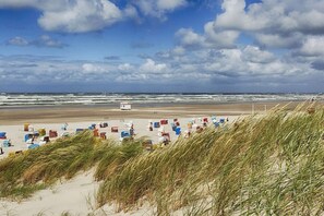 A beach with rows of colorful beach chairs and umbrellas, a lifeguard tower, and dunes with grass. - Holiday apartment in Juist with swimming pool (Juist)