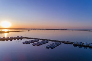 A waterfront property with multiple overwater bungalows aligned in rows.