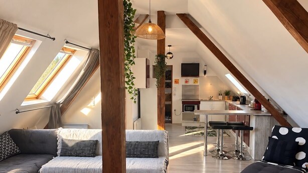 Un espai habitable d'estil loft amb cuina, zona de dinar i zona de seients.
