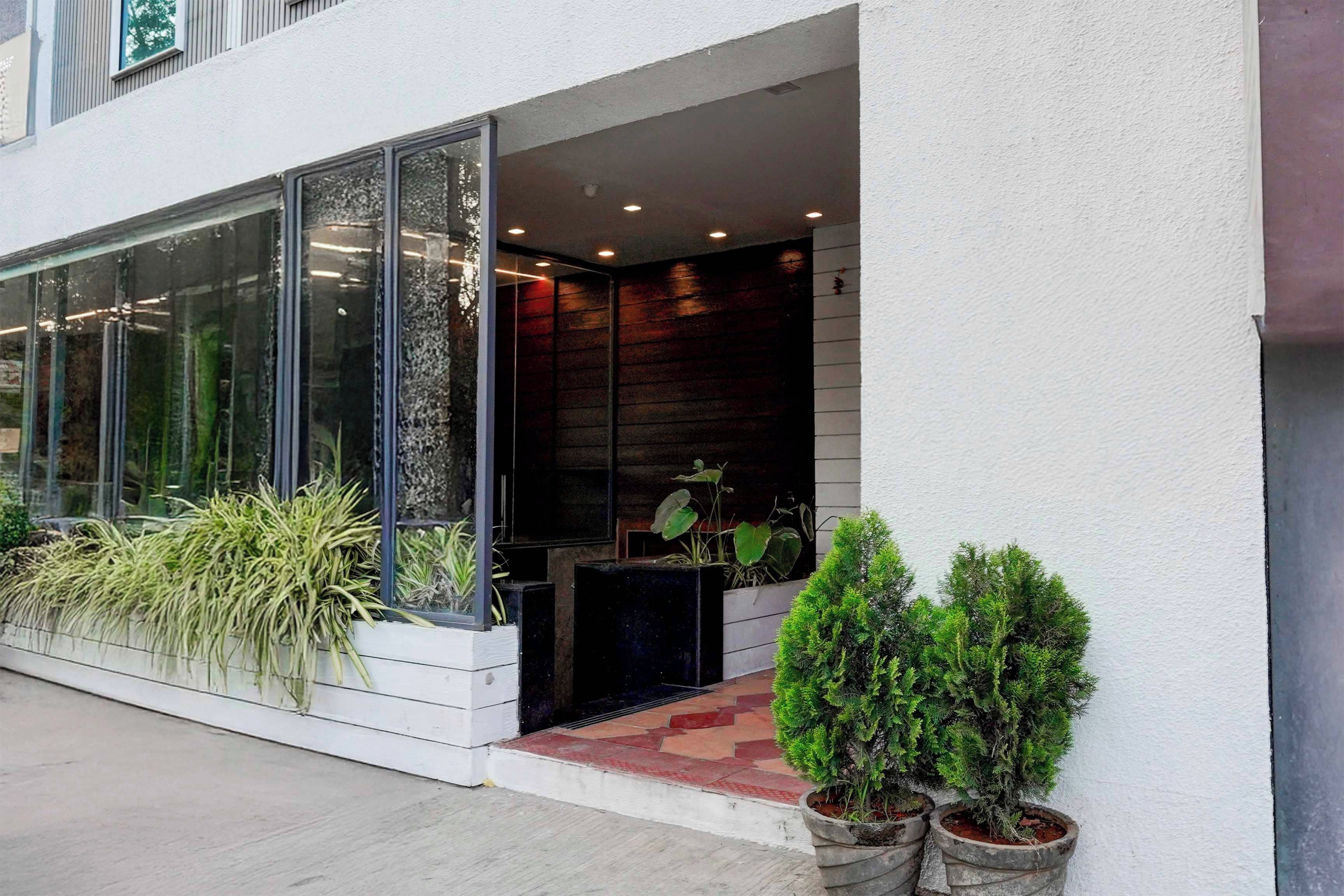 A building entrance with a glass door, potted plants, and a small step leading inside.