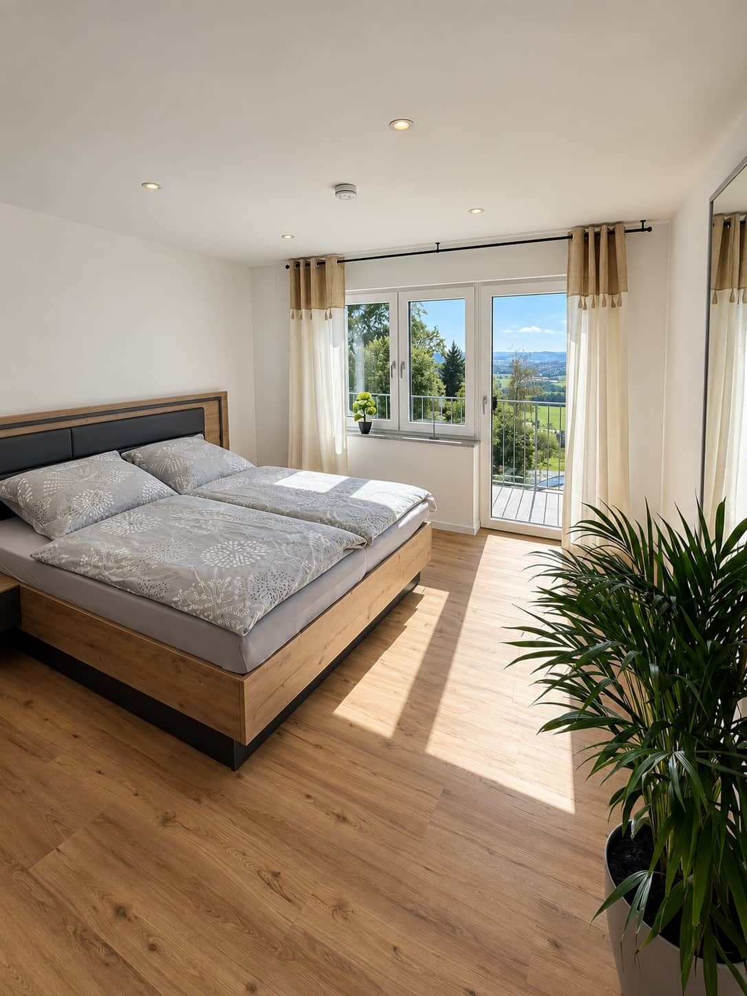 A bedroom with a bed, a window with curtains, a balcony, and a potted plant.