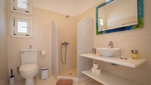 Une salle de bain comprenant des toilettes, un bidet, une douche, un lavabo et un miroir avec un cadre décoratif.