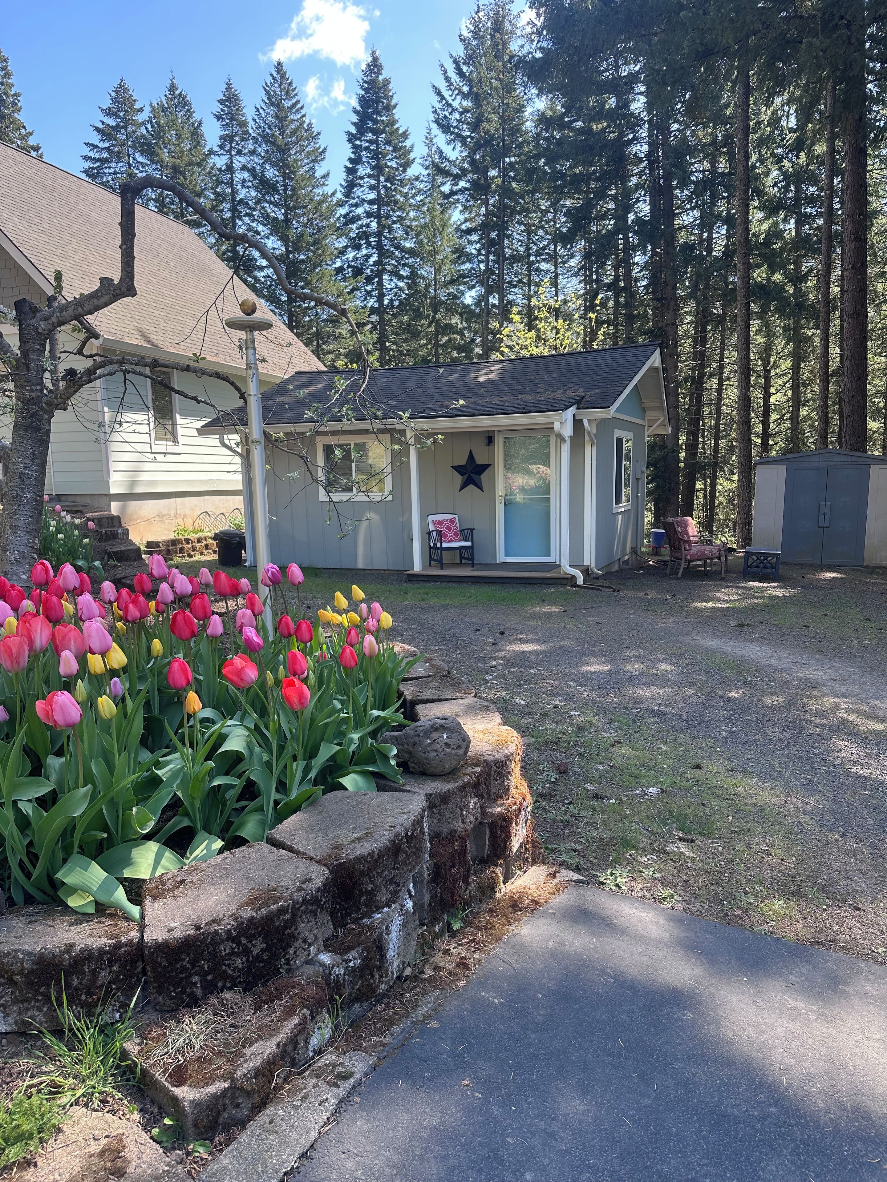 Propiedad residencial con casa, porche, jardín de tulipanes y un bosque al fondo.