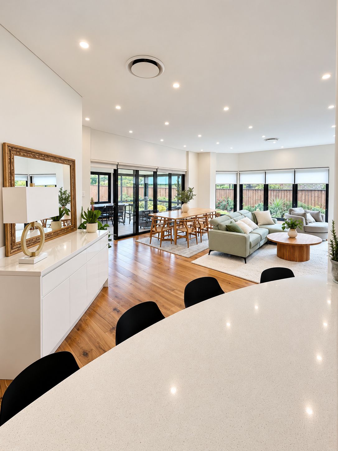 A modern living space with a dining area, a sofa set, and a large window providing a view of the outdoors.
