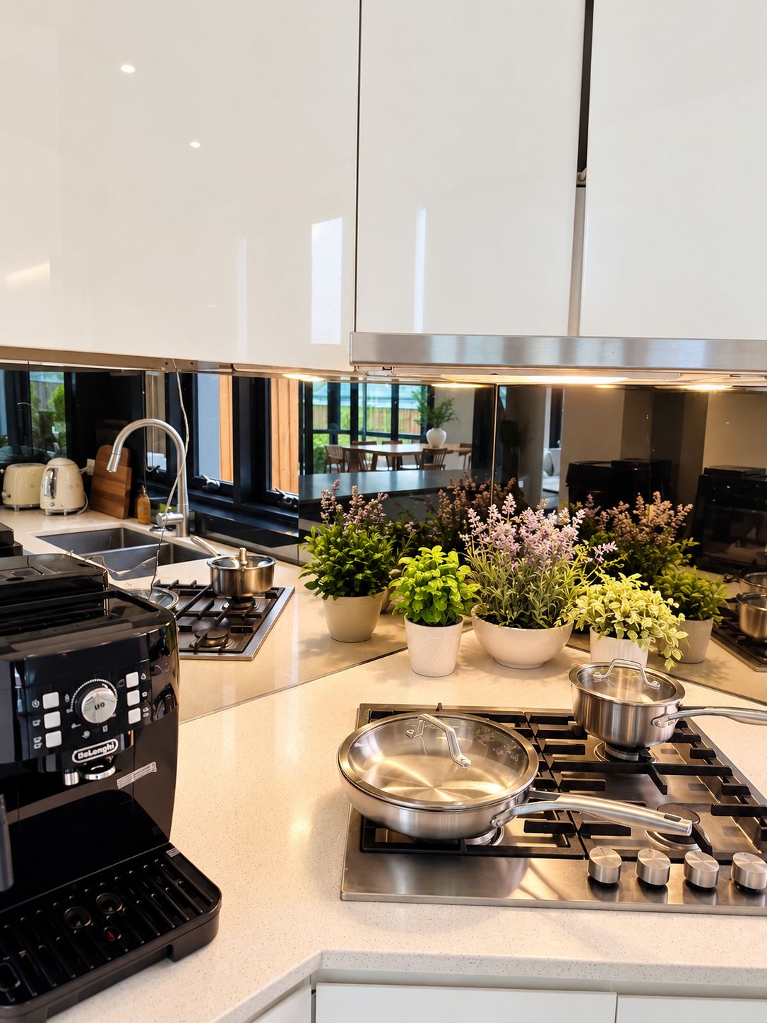 A modern kitchen with a coffee machine, pots, and potted plants.