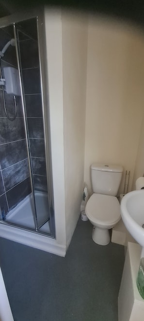 Et badeværelse med brusekabine, toilet og vask.