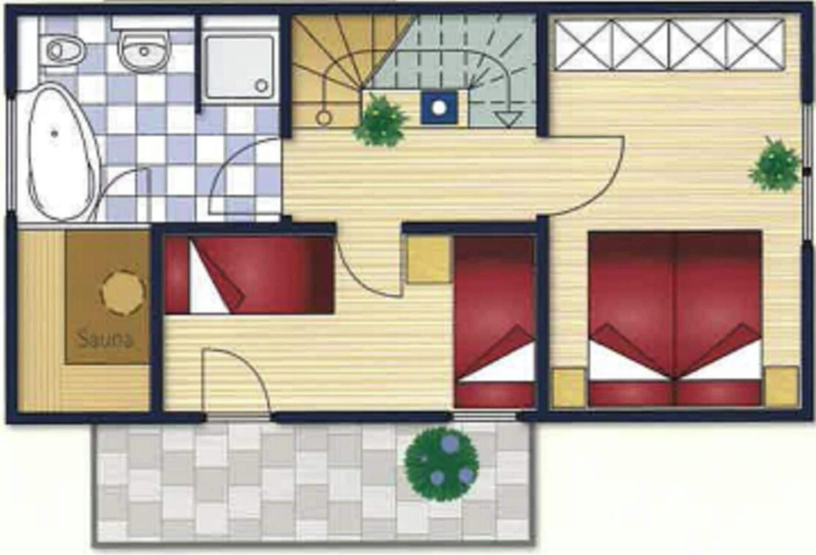 A floor plan with a sauna, two red rooms, a bathroom, and a small garden area.