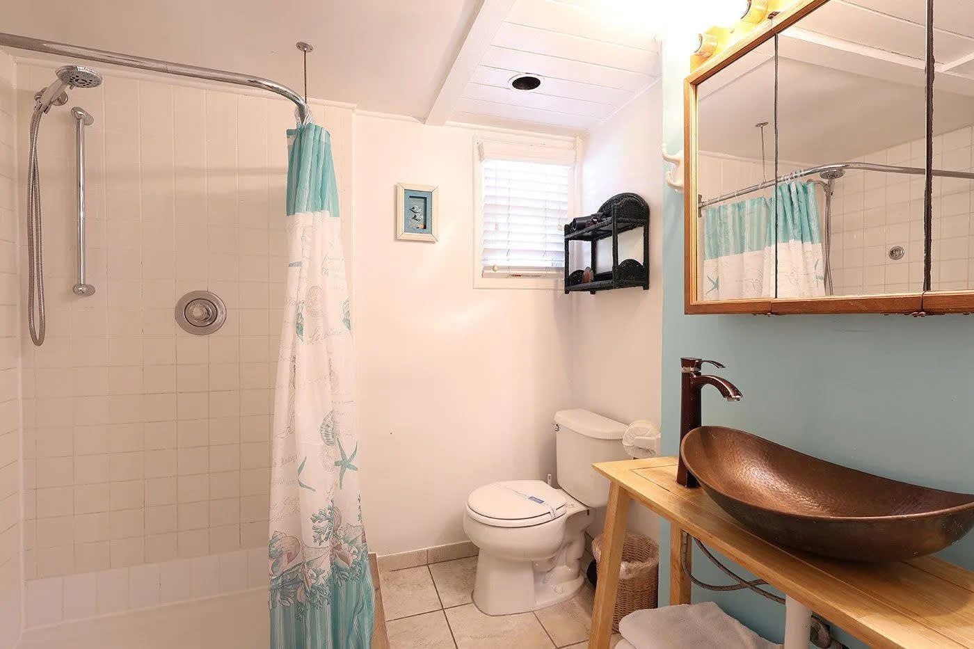 Une salle de bain avec une douche, des toilettes et un lavabo avec un miroir.