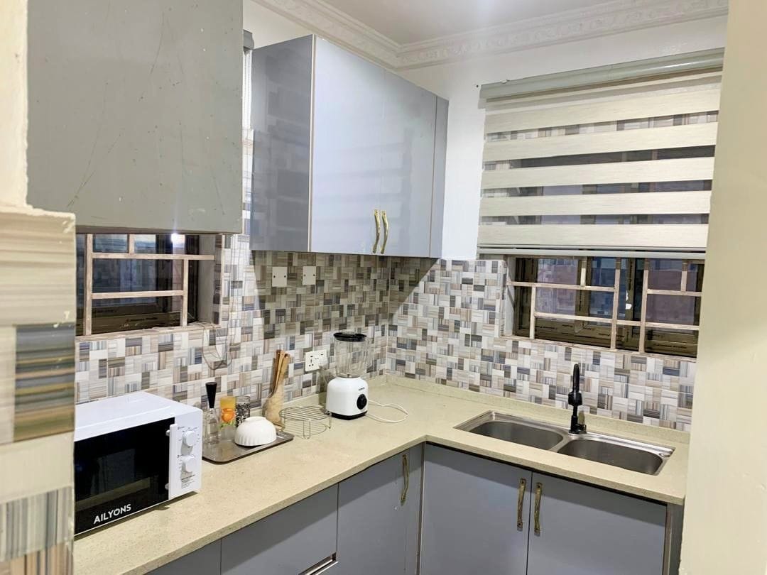 A modern kitchen with a built-in microwave, a toaster, and a sink.