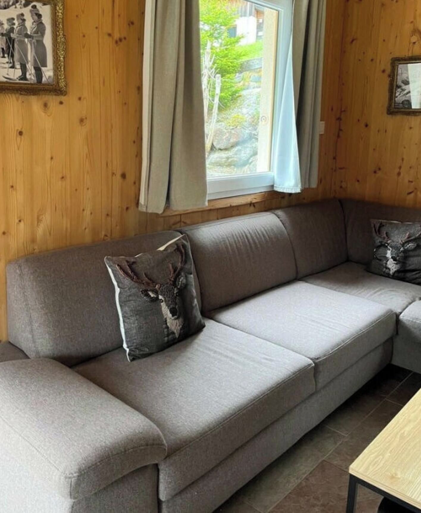 Una habitación con un sofá gris, una ventana con cortinas y un cuadro en la pared.