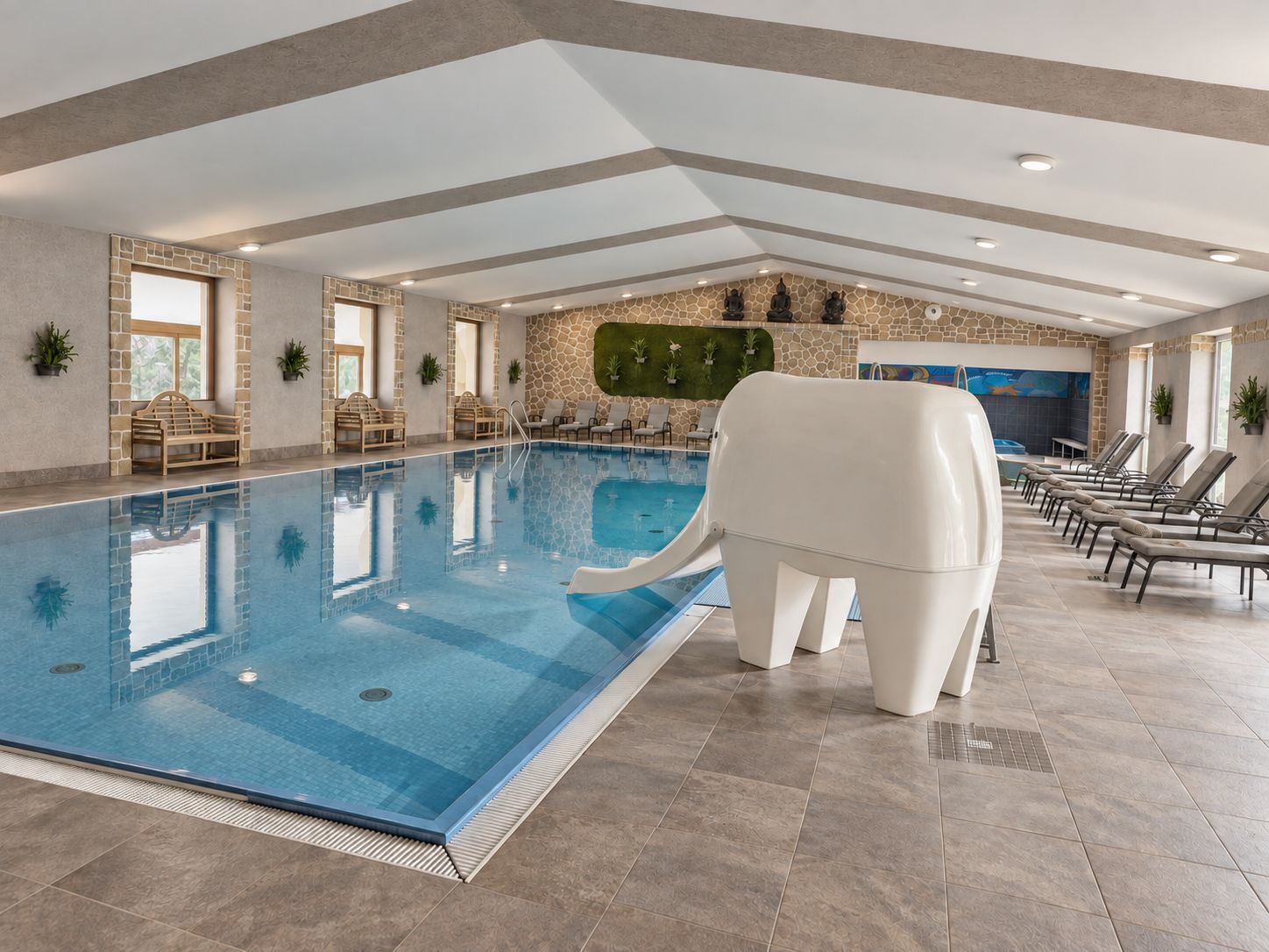 Una amplia piscina cubierta con un fondo de pared de piedra, sillas de descanso y un tobogán acuático con forma de elefante.