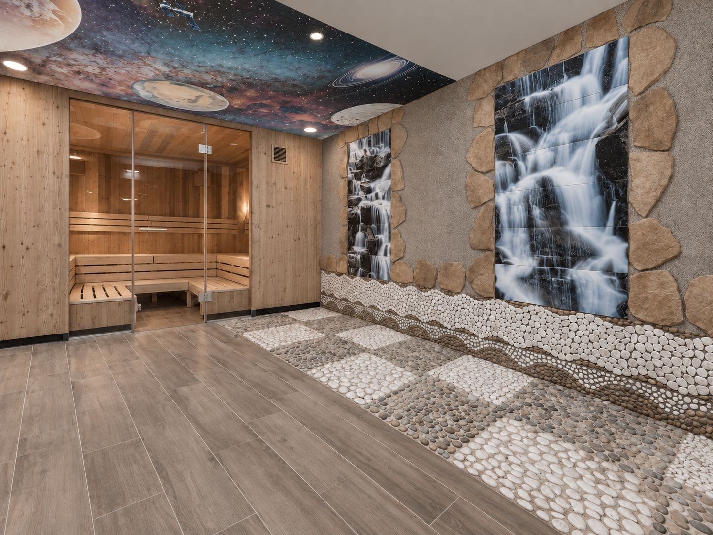 Ein Saunaraum mit Holzbänken, einer Steinwand mit einem Wasserfall-Mural und einer Sternenhimmel-Decke.