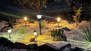 A garden with illuminated lanterns, rocks, and a tree.