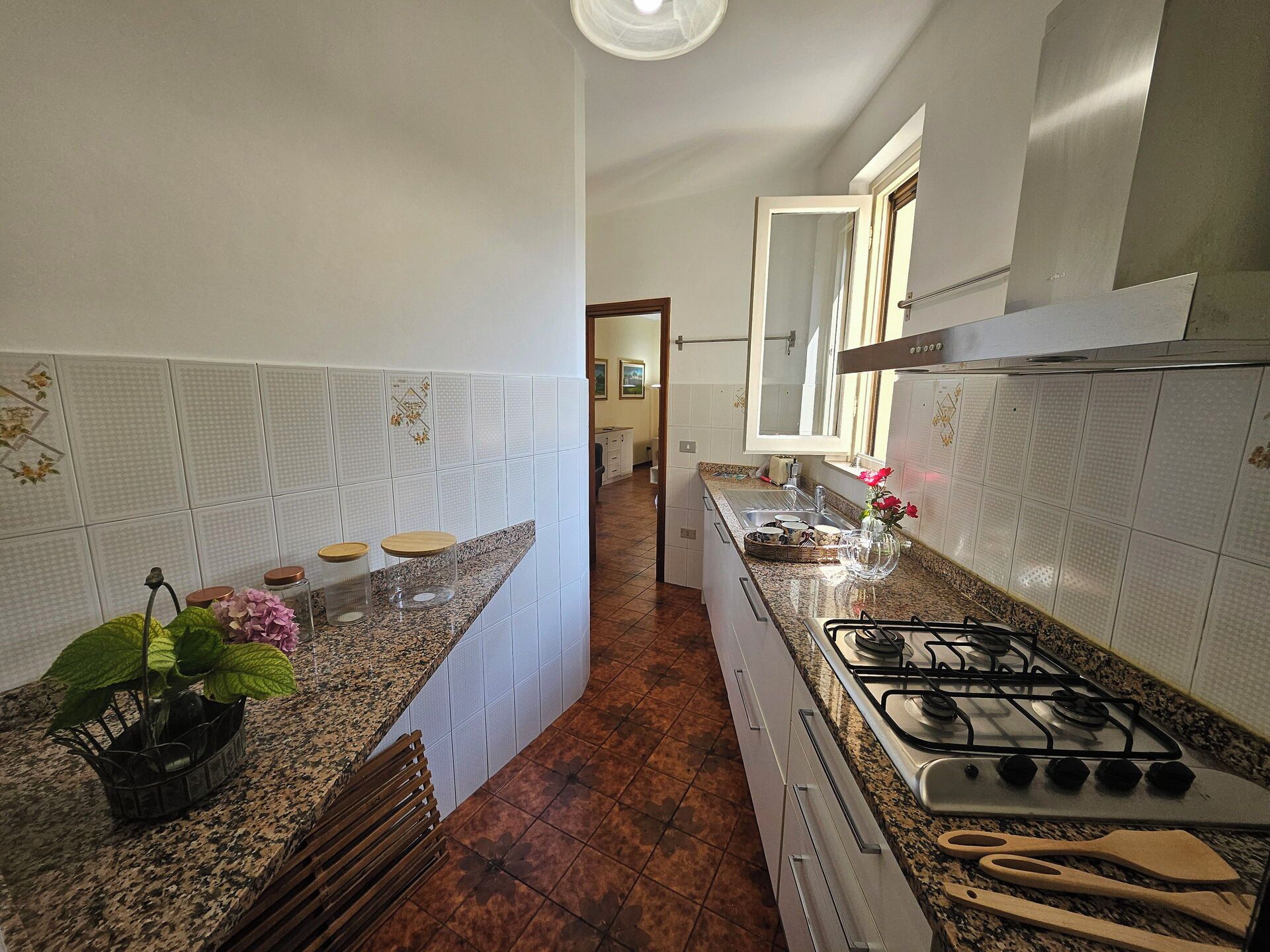 Cozinha com fogão a gás, utensílios de madeira e bancada com potes e uma planta.