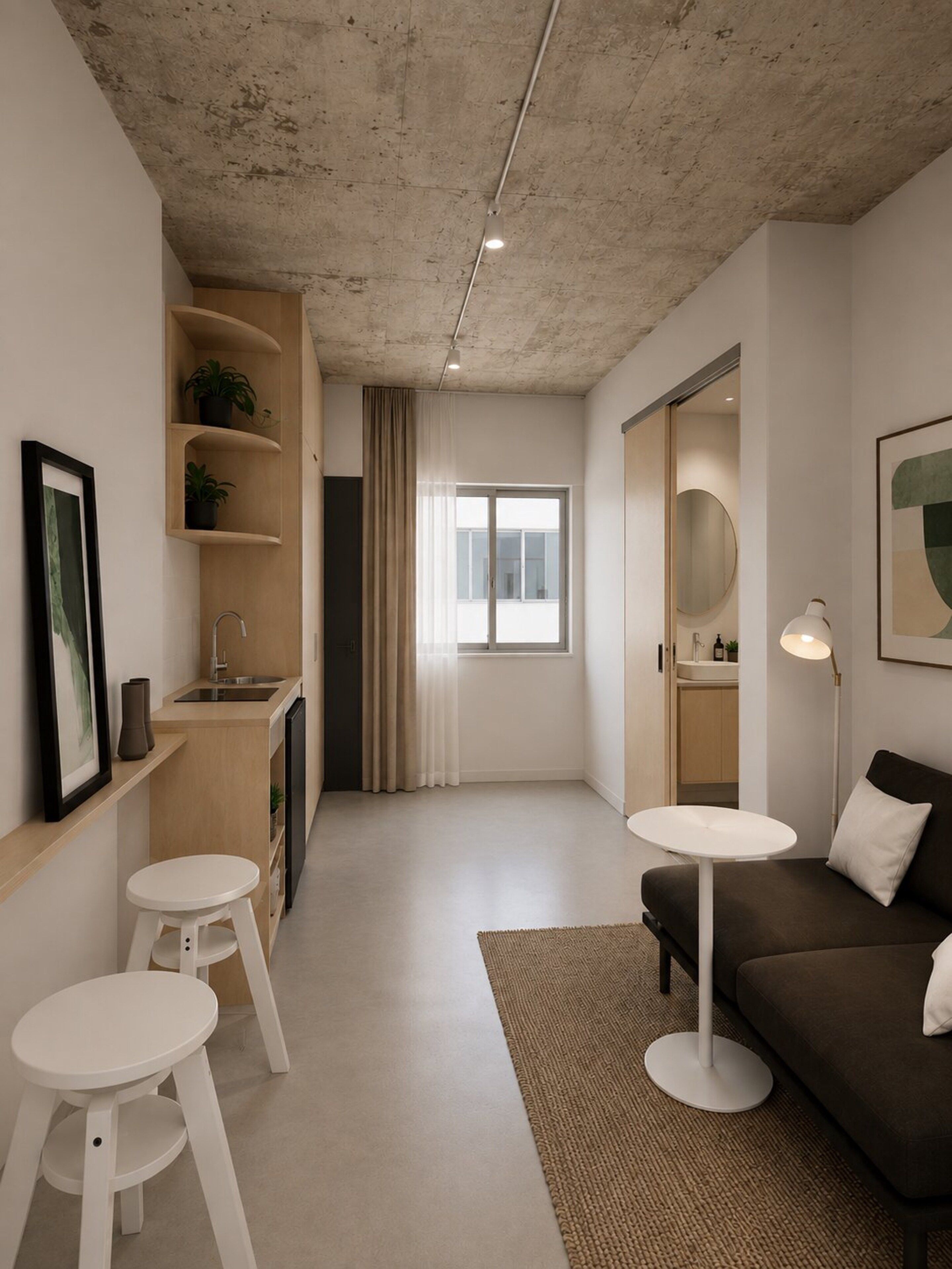 A modern interior with a kitchenette, a sofa, a dining table, and a large window.
