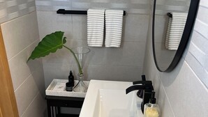 Une salle de bain avec un lavabo blanc, un robinet noir et un miroir. Deux serviettes sont suspendues sur un porte-serviettes et une plante en pot est posée sur le comptoir.