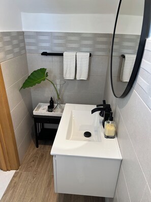 Un baño con un lavamanos blanco, un grifo negro y un espejo. Hay dos toallas colgadas en un perchero y una planta en maceta sobre la encimera.