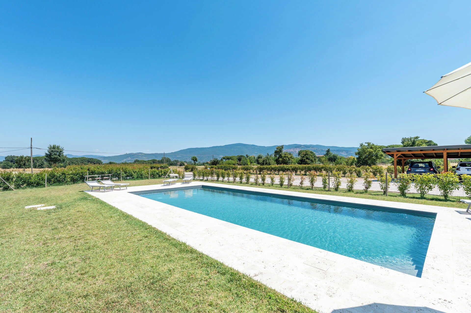 A rectangular swimming pool with a clear blue water surface, surrounded by a well-maintained lawn and a row of small trees.