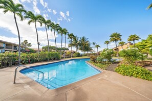 A swimming pool with a tiled edge, surrounded by palm trees and a clear sky. - Remodeled Ocean View | Wailea Ekolu 703 (Wailea)
