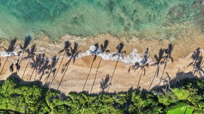An aerial view of a beach with clear waters, a sandy shore, and palm trees. - Ocean View Wailea 2bd I Wailea Ekolu 702 (Kihei)