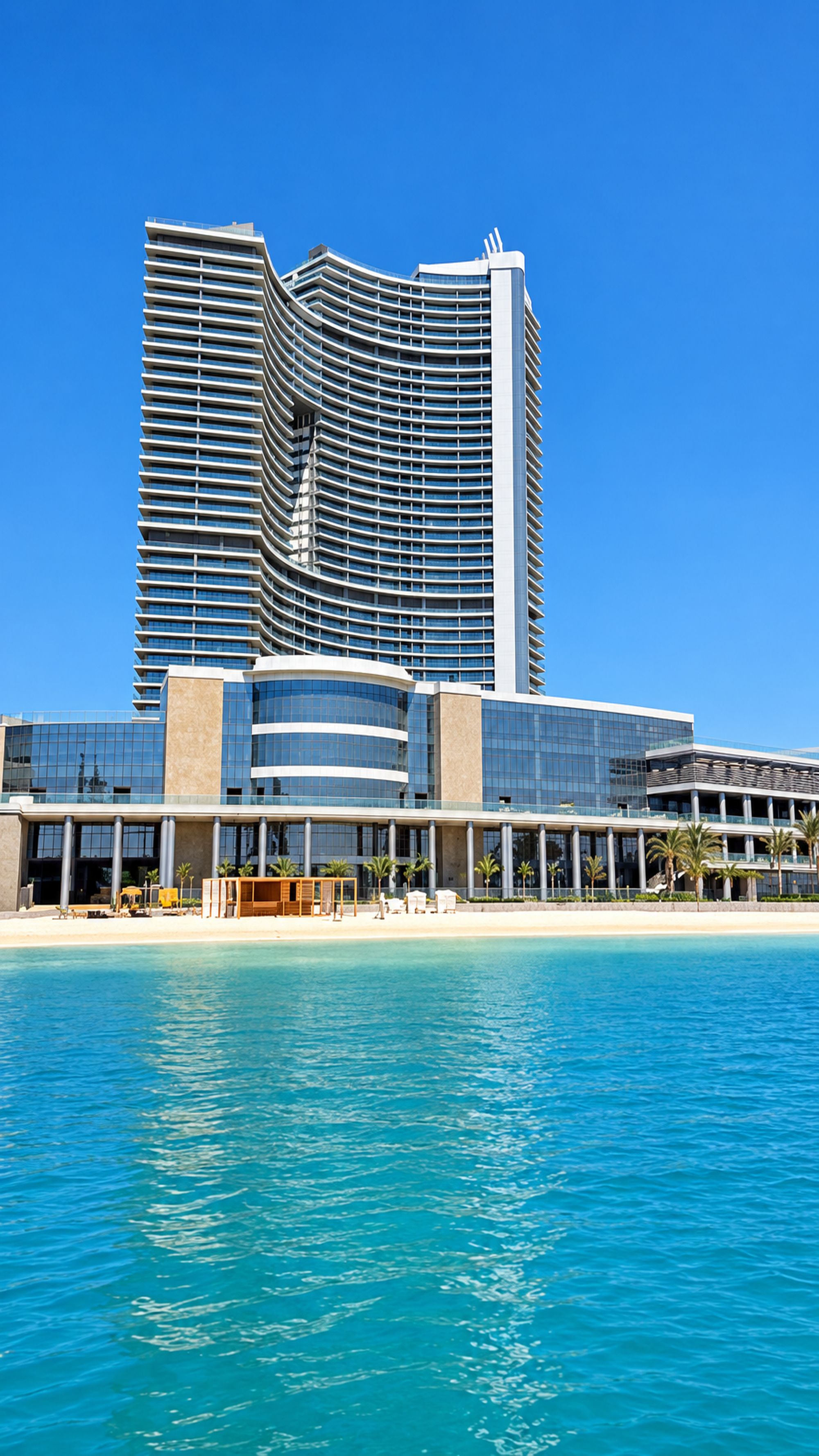 Ein modernes Hotel mit geschwungener Fassade, großen Fenstern und einer Lage direkt am Strand.