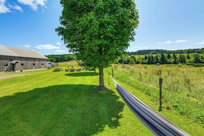 A rural landscape with a large tree, a barn, and a picnic area. - On-site Pond: Scenic Farm Stay in Chenango County (De Ruyter)