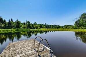 A wooden dock extending into a calm lake with lush greenery and trees in the background.