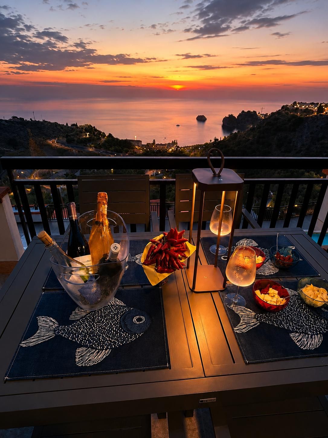 Vista al atardecer desde un balcón con una mesa preparada para una comida, que incluye vino y aperitivos.