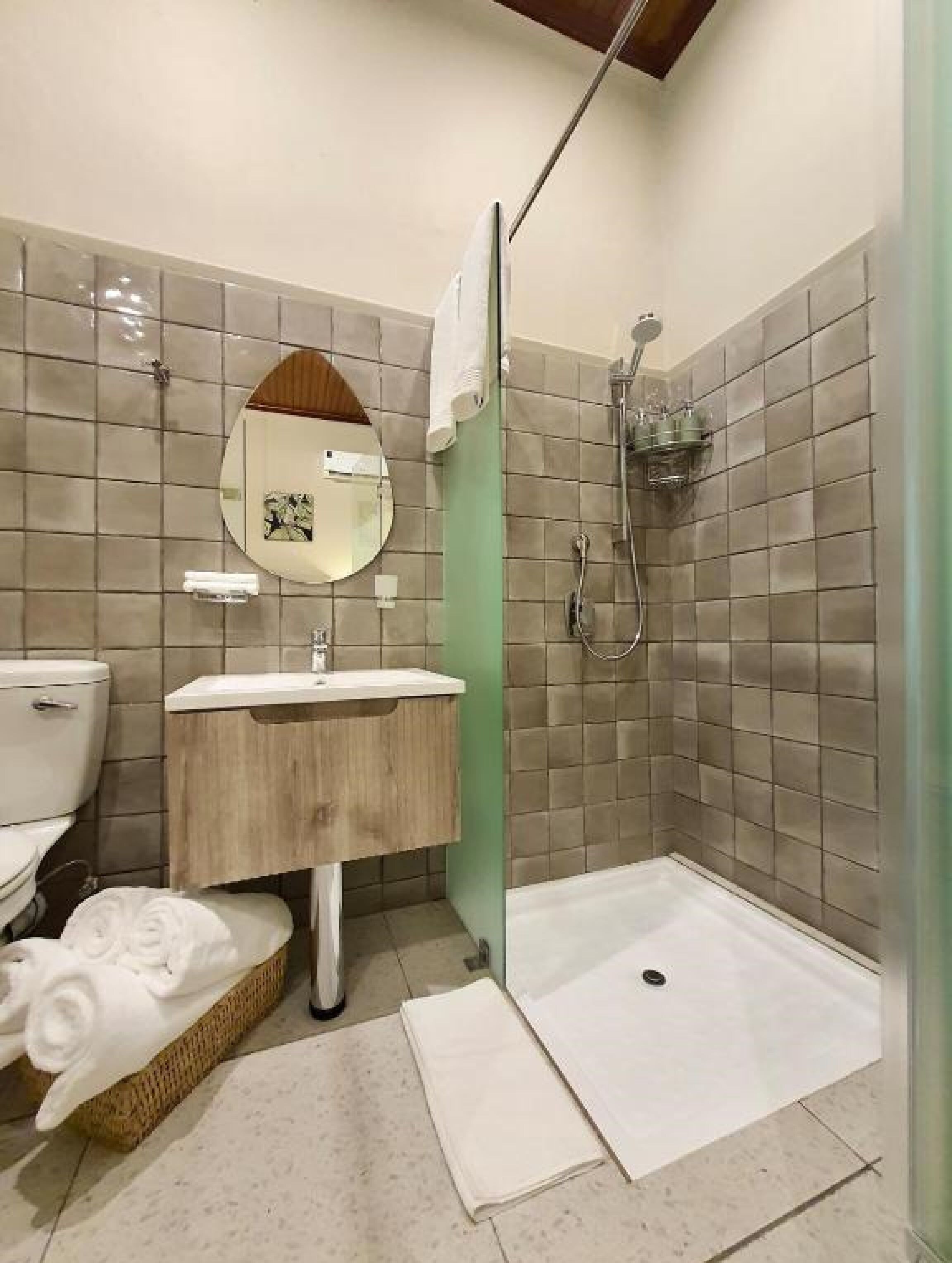 A bathroom with a toilet, sink, mirror, shower, and a wheelchair-accessible shower area.