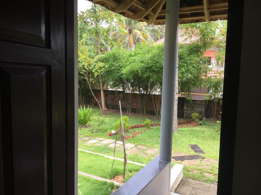 A view of a garden with a pathway, a palm tree, and a bamboo plant.