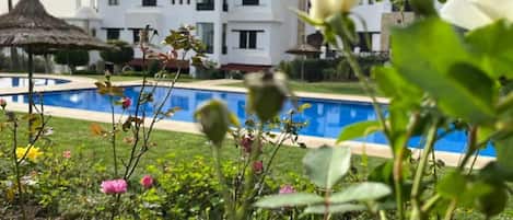 A pool surrounded by greenery and buildings in the background.