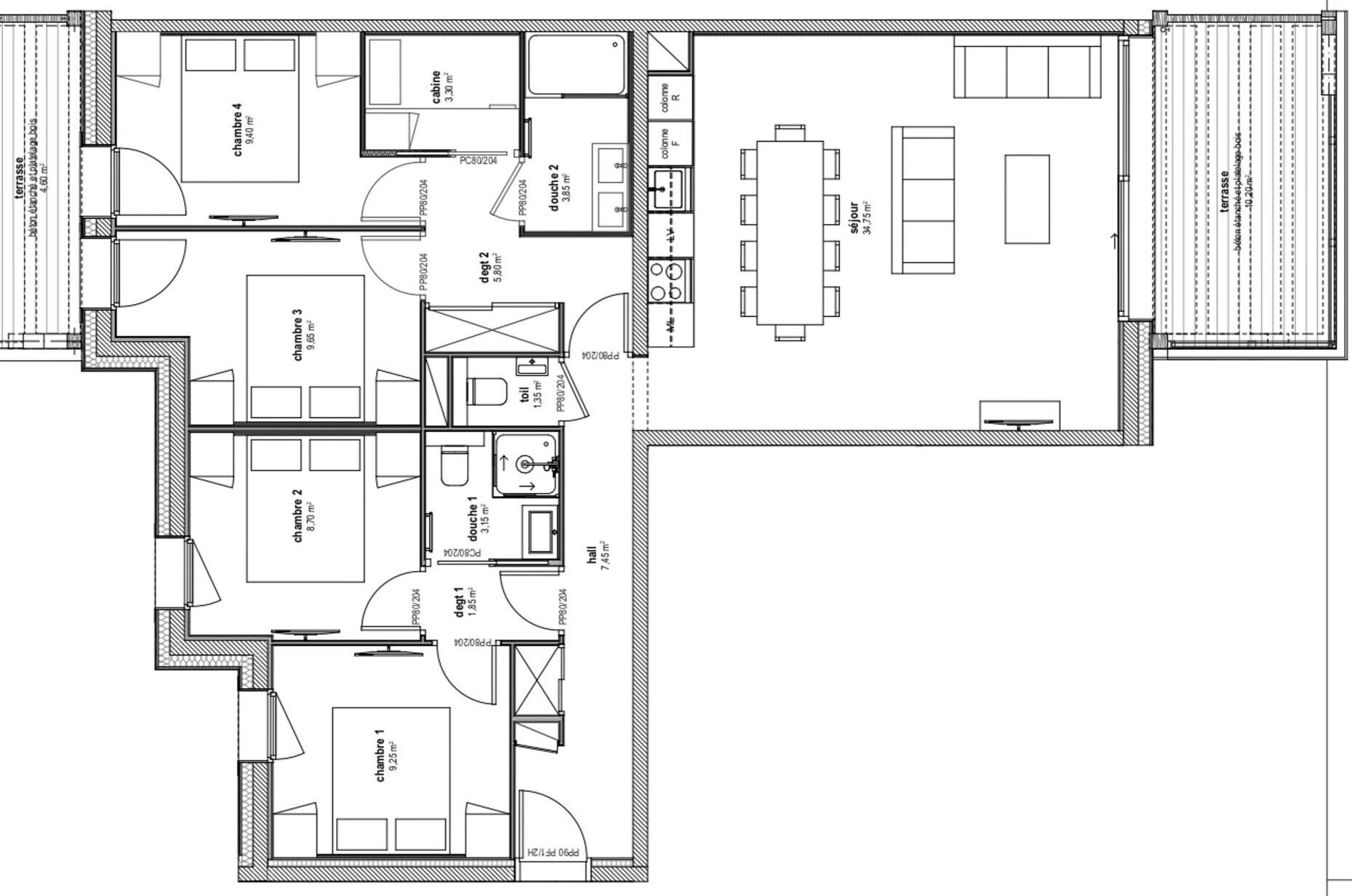 A floor plan with multiple bedrooms, a living area, a dining room, and a kitchen.