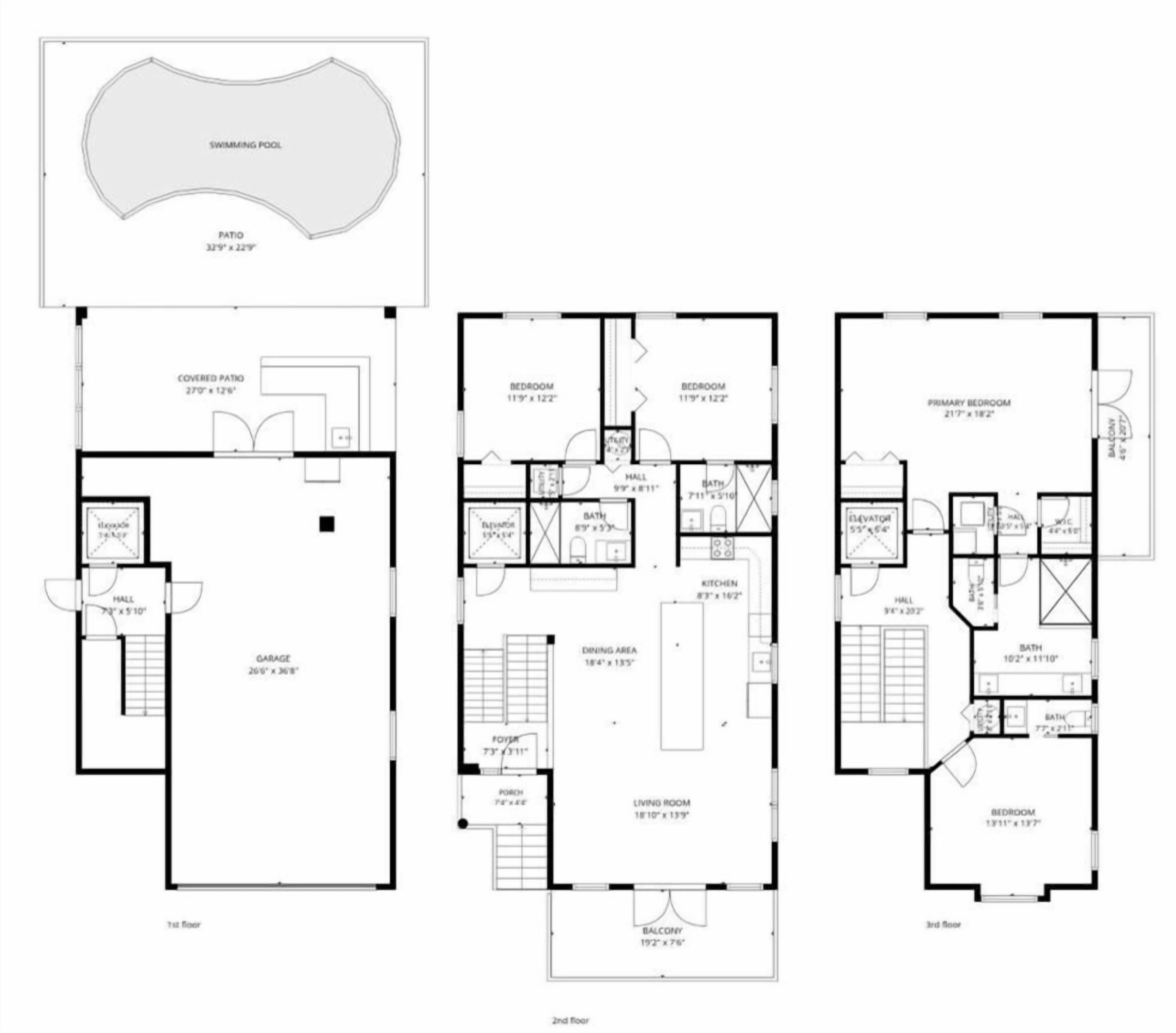 Disposizione al secondo piano con patio coperto, garage, zona pranzo, soggiorno e balcone.