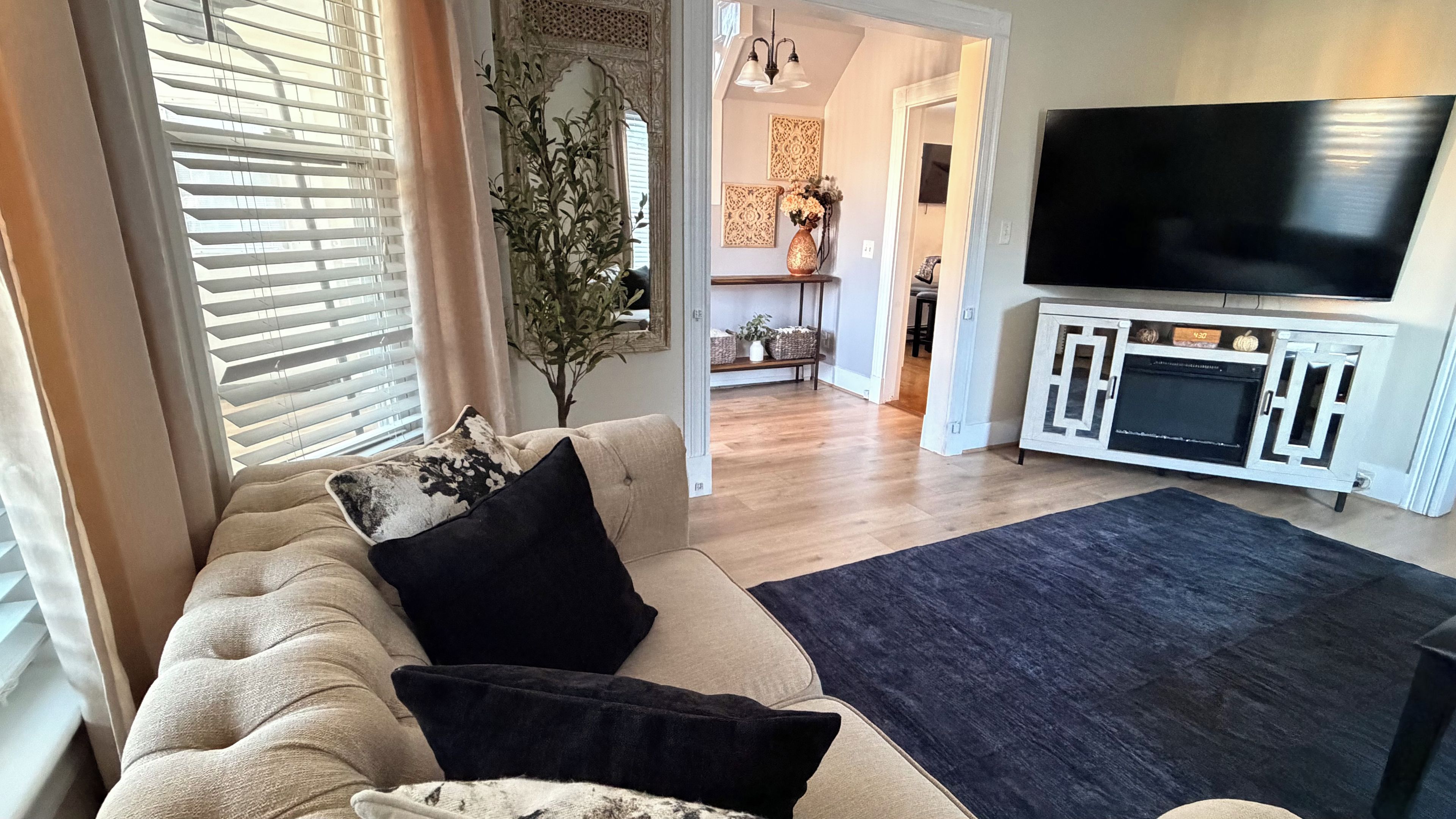 A living room with a sofa, a flat-screen TV, a fireplace, and a plant.