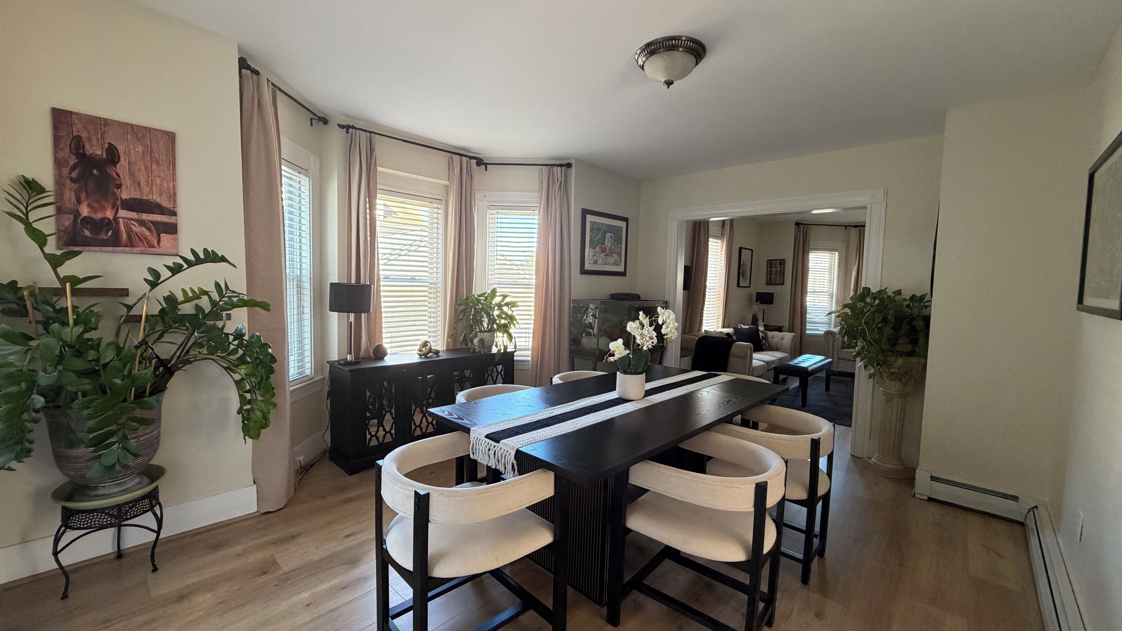 A dining area with a long table, chairs, and potted plants.