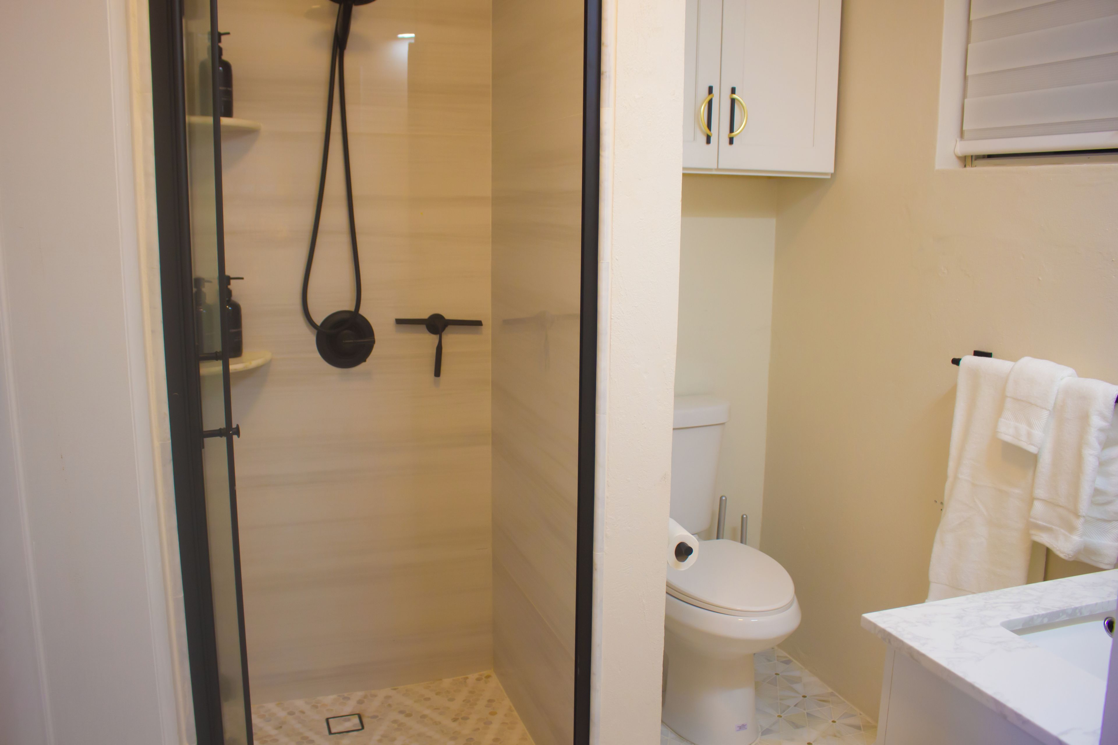 Une salle de bain avec une douche à parois de verre, des toilettes et un lavabo blanc doté d’un plan de toilette en marbre.
