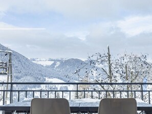 Ein Tisch mit zwei Stühlen, einem Metallgeländer und Blick auf schneebedeckte Berge und Bäume.