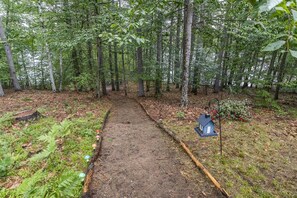 Ein bewaldetes Gebiet mit einem Feldweg hindurch.