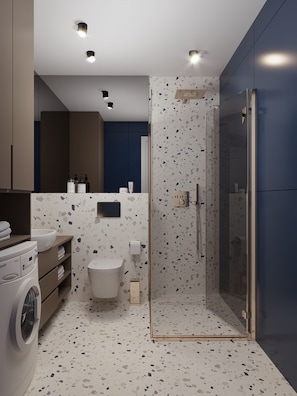 Apartemen Mewah, pemandangan halaman | Kamar mandi | Sandal