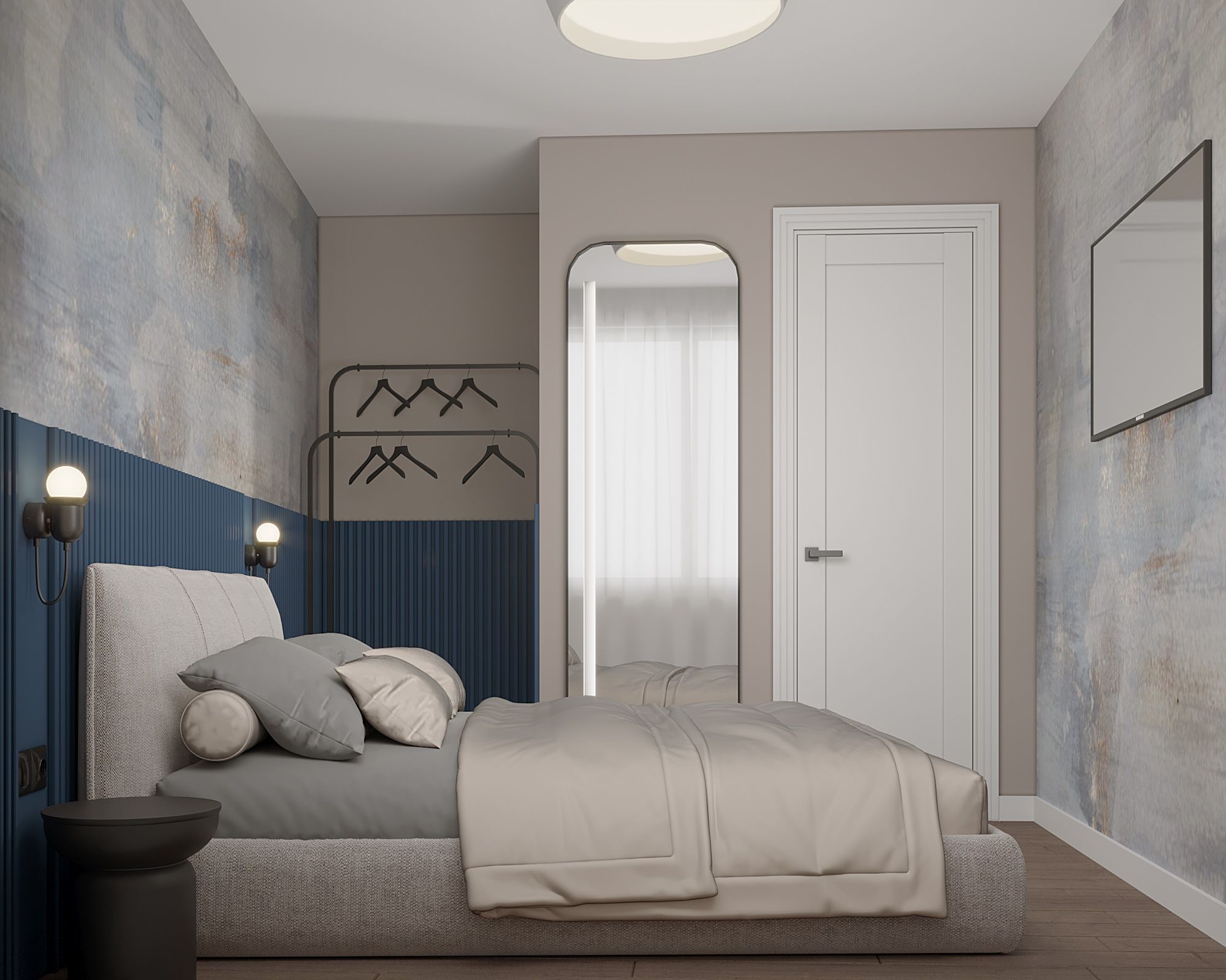A modern bedroom with a bed, bedside lamps, a wardrobe, and a mirror.