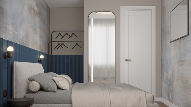 A modern bedroom with a bed, bedside lamps, a wardrobe, and a mirror. - Memory Residence Spa & Luxury Apartments (Banja Luka)