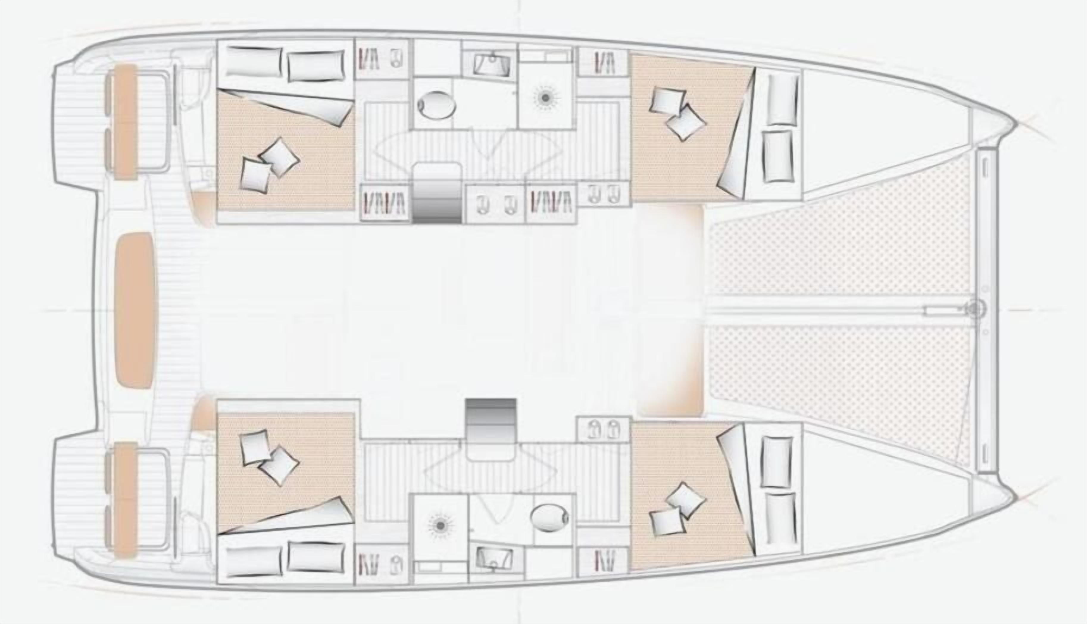 A boat interior with a dining area, kitchen, and two cabins.
