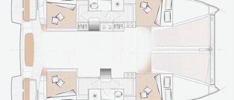 A boat interior with a dining area, kitchen, and two cabins.